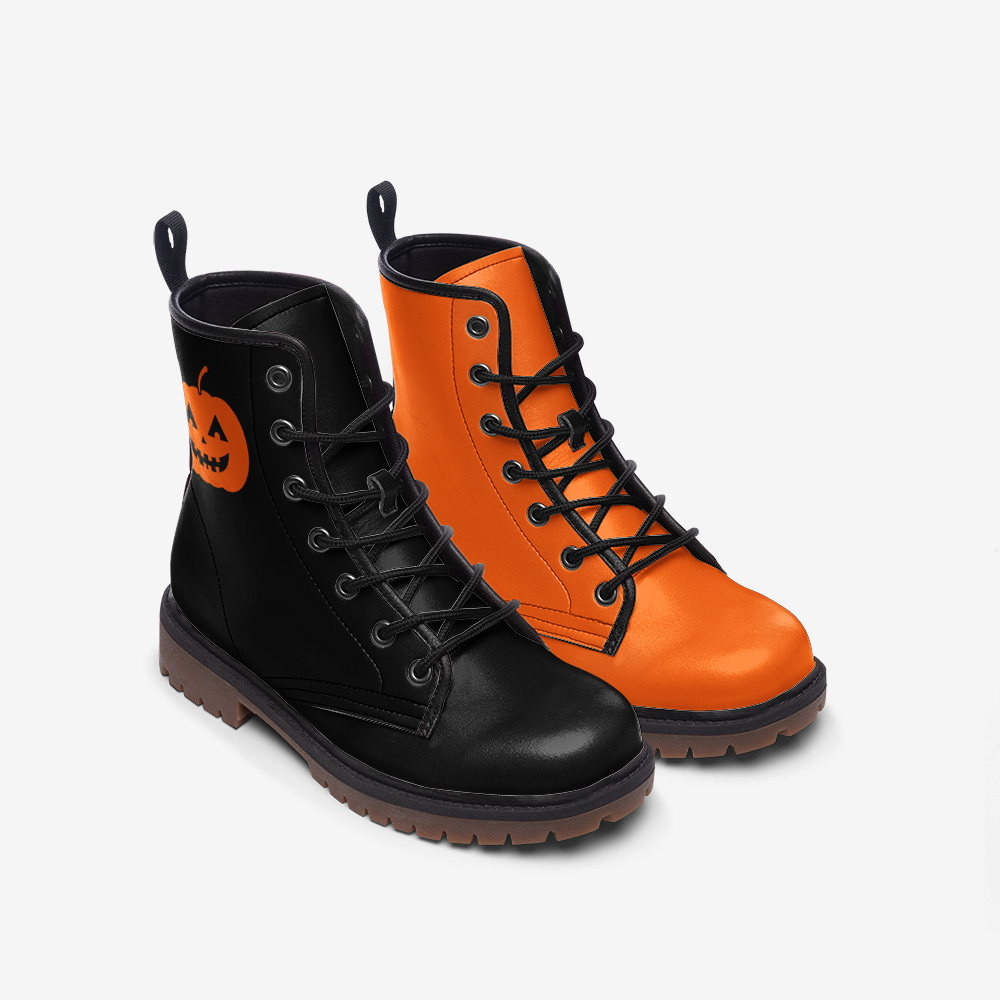 Bicolored Black and Orange Vegan Leather Combat Boots with a Scary Pum