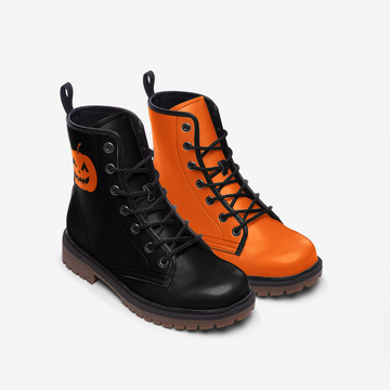 Bicolored Black and Orange Vegan Leather Combat Boots with a Scary Pumpkin