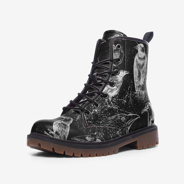 Ravens and Crows On Black Vegan Leather Combat Boots