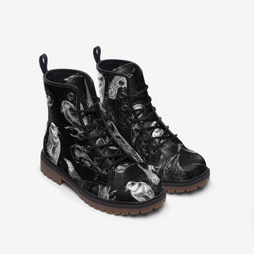 Ravens and Crows On Black Vegan Leather Combat Boots