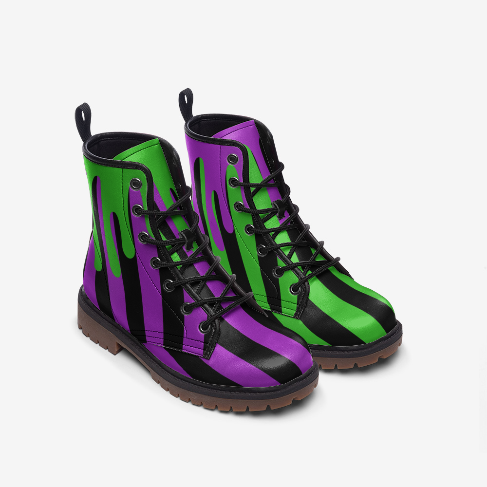 CUSTOM ORDER | Mismatched Black Purple and Green Striped Vegan Leather Combat Boots with Purple and GreenSlime