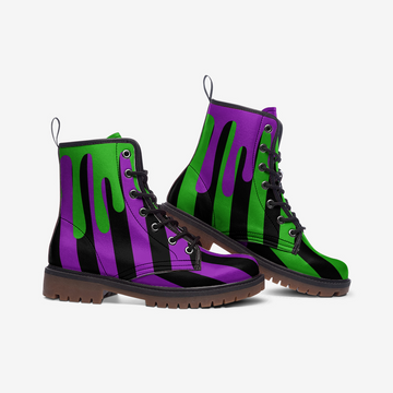 CUSTOM ORDER | Mismatched Black Purple and Green Striped Vegan Leather Combat Boots with Purple and GreenSlime