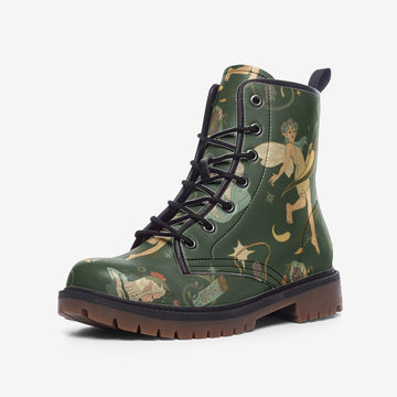 Fairies in the Forest Print on Green Vegan Leather Combat Boots