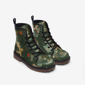 Fairies in the Forest Print on Green Vegan Leather Combat Boots