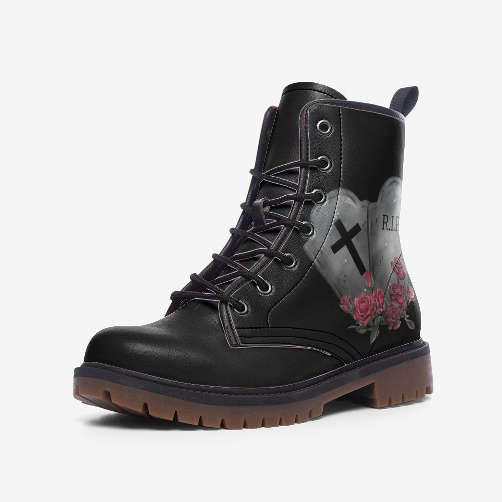 Tombstones with Dark Roses on Black Vegan Leather Combat Boots