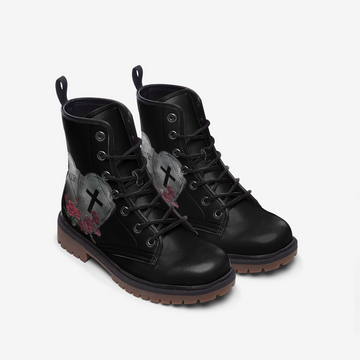 || LIMITED EDITION || Tombstones with Dark Roses on Black Vegan Leather Combat Boots