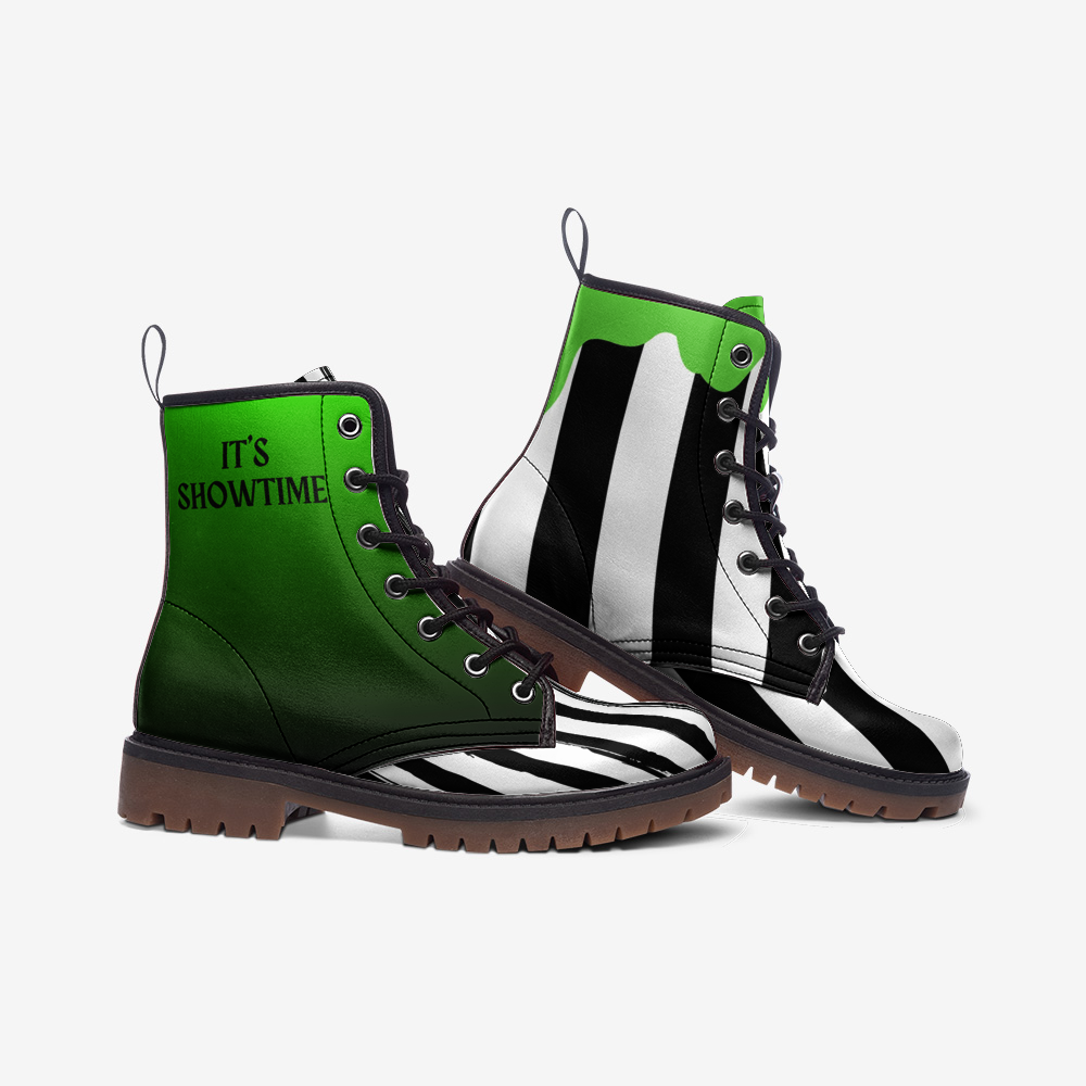 CUSTOM ORDER | Mismatched "It's Showtime" and Green Slime on Black and White Striped Vegan Combat Boots