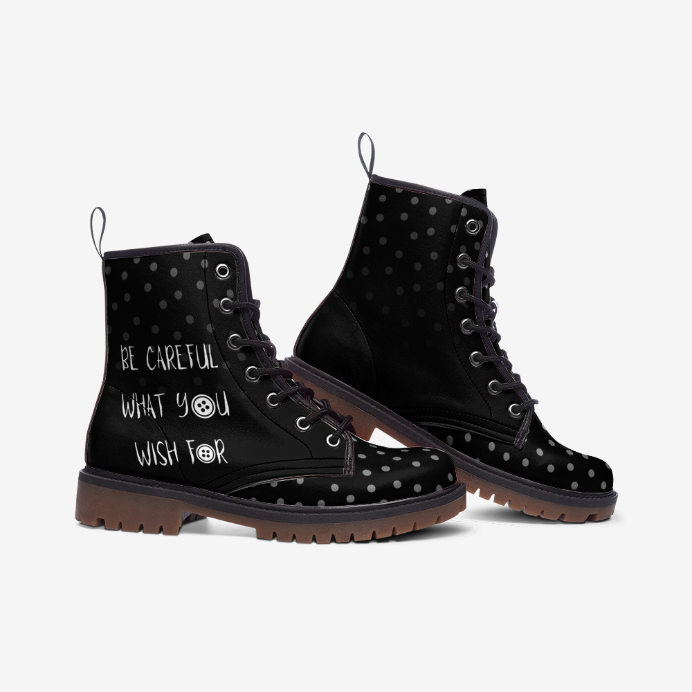 "Be Careful What You Wish For" White Dots on Black Vegan Combat Boots