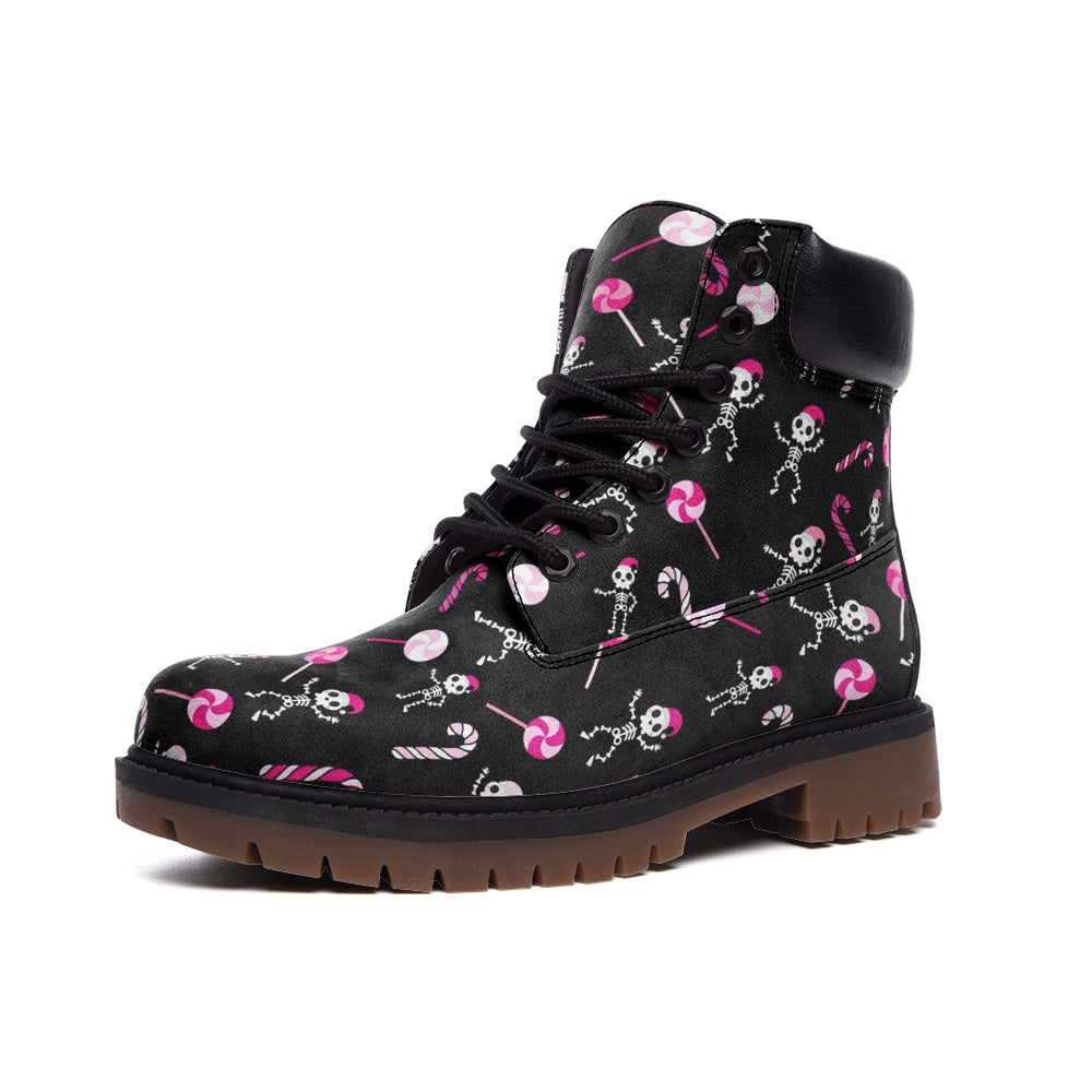 Pink Pastel Gothic Christmas Village on Black Vegan Leather Combat Boots