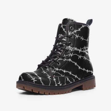 Barbed Wires Print on Black Vegan Leather Combat Boots