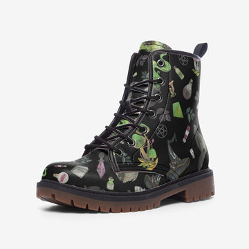 Hedge Witch Aesthetic Pattern on Black Vegan Leather Combat Boots