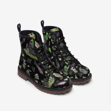 Hedge Witch Aesthetic Pattern on Black Vegan Leather Combat Boots