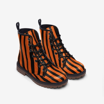 Black and Orange Grunge Stripes Vegan Leather Combat Boots