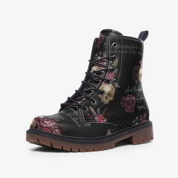 Dark Love Poems With Roses And Skulls Black Vegan Leather Combat Boots