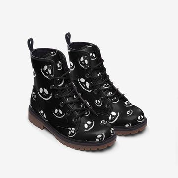 Scary Smiles Print Black Vegan Leather Combat Boots