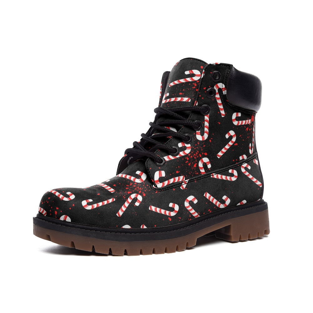 Red and White Candy Canes on Blood Splattered Black Vegan Leather Combat Boots
