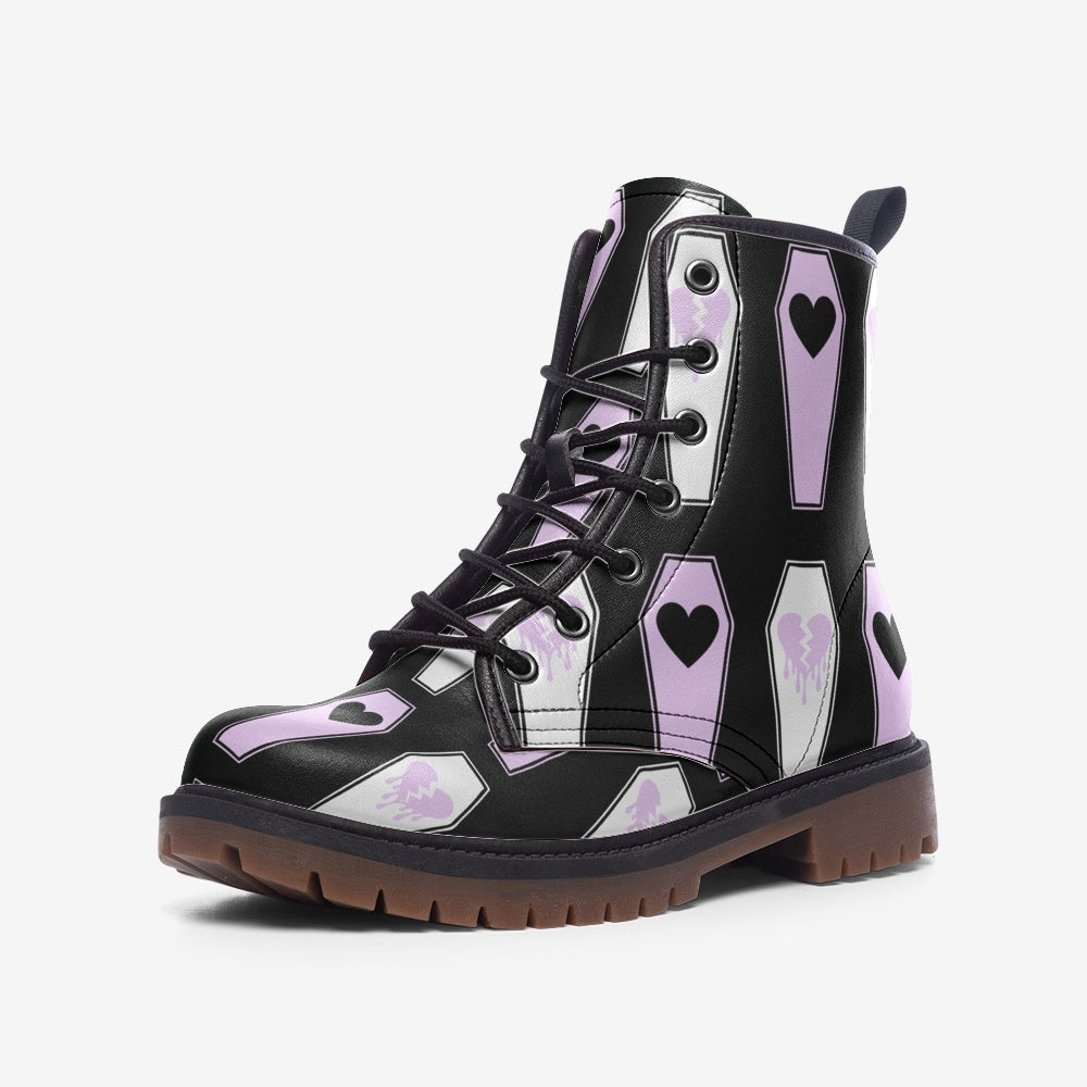 Light Purple and White Coffins With a Heart on Black Vegan Leather Combat Boots