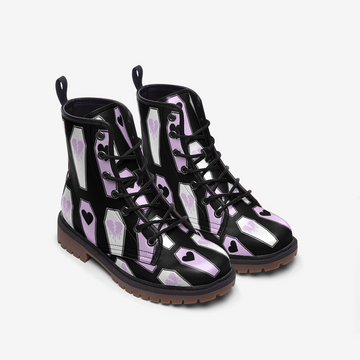 || LIMITED EDITION || Light Purple and White Coffins With a Heart on Black Vegan Leather Combat Boots