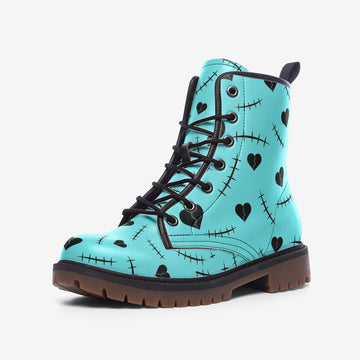 Hearts and Scars On Teal Vegan Leather Combat Boots
