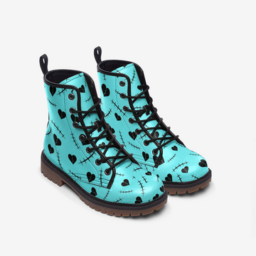 Hearts and Scars On Teal Vegan Leather Combat Boots