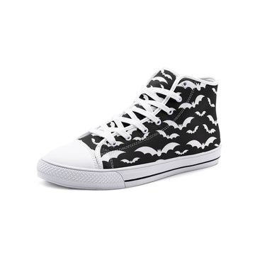 White Flying Bats Pattern on Black Vegan High Top Canvas Shoes