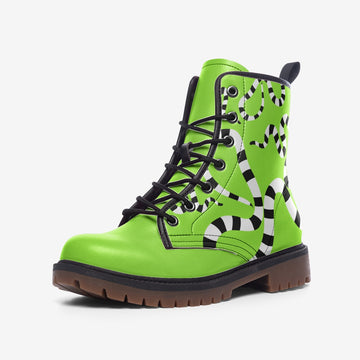 Mismatched Green and Purple Vegan Leather Combat Boots With a Black and White Sandworm