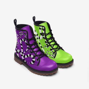 Mismatched Green and Purple Vegan Leather Combat Boots With a Black and White Sandworm