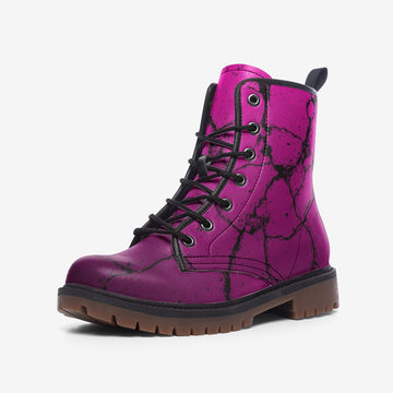 Hot Pink Grunge Effect Vegan Leather Combat Boots