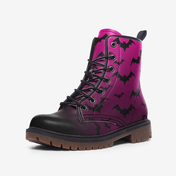 Black Bats Print Hot Pink Gradient Vegan Leather Combat Boots