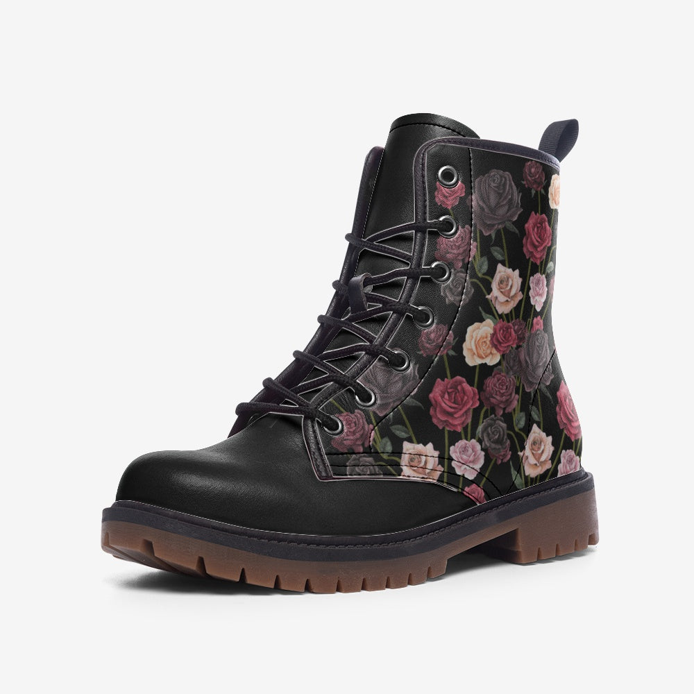 Goth Romance Inspired Flowers Black Vegan Leather Combat Boots