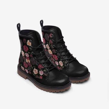 || LIMITED EDITION || Goth Romance Inspired Flowers Black Vegan Leather Combat Boots