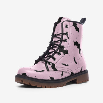 Black Bats Patterned Pink Vegan Leather Combat Boots