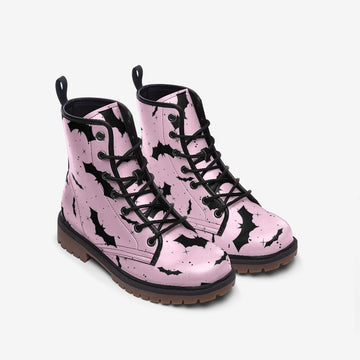 Black Bats Patterned Pink Vegan Leather Combat Boots