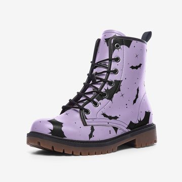 Black Bats Print Light Purple Vegan Leather Combat Boots