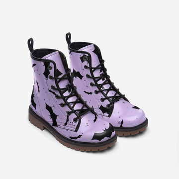 Black Bats Print Light Purple Vegan Leather Combat Boots