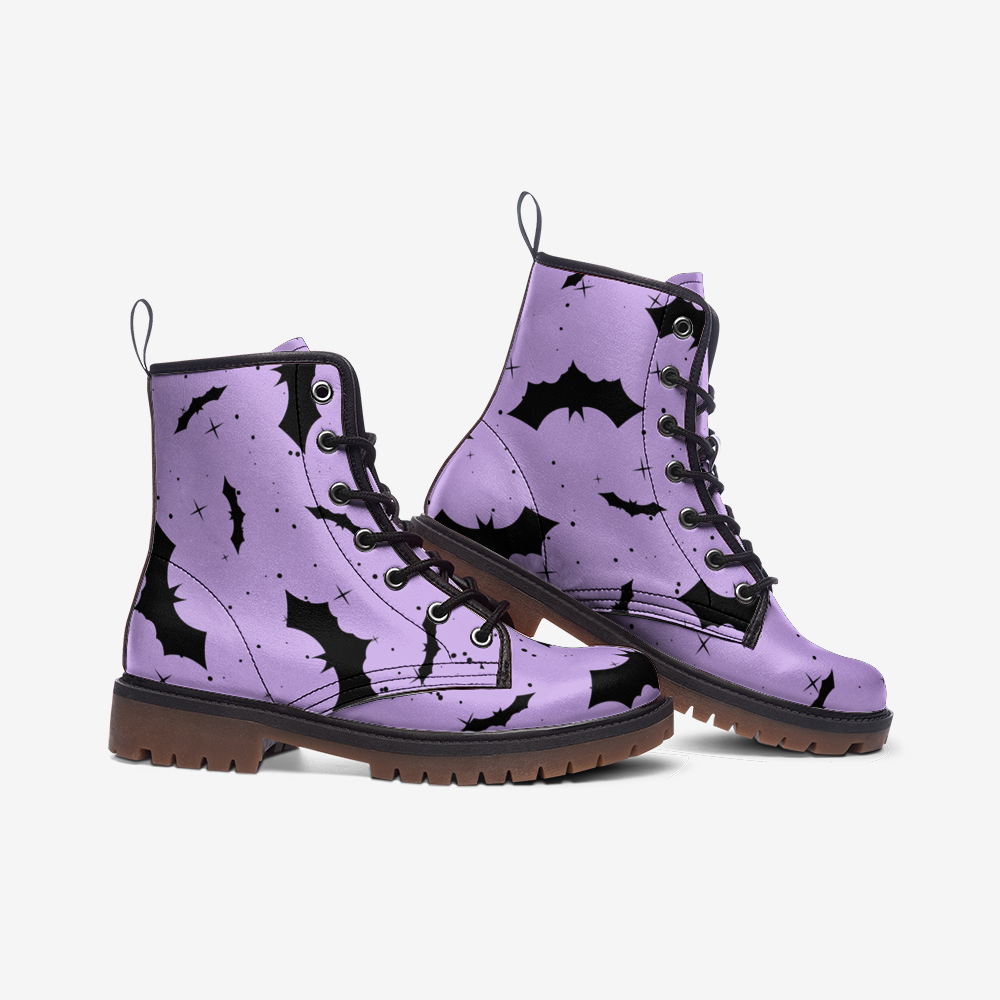 Black Bats Print Light Purple Vegan Leather Combat Boots