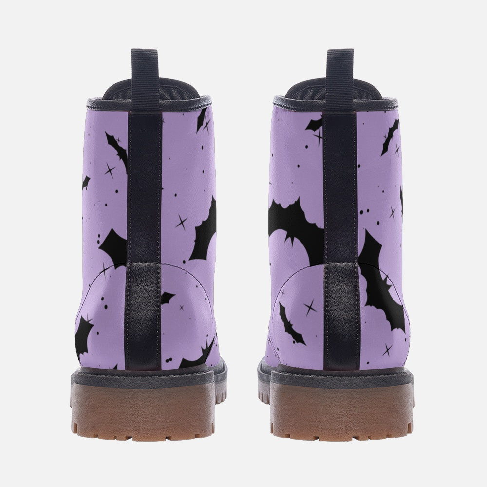 Black Bats Print Light Purple Vegan Leather Combat Boots
