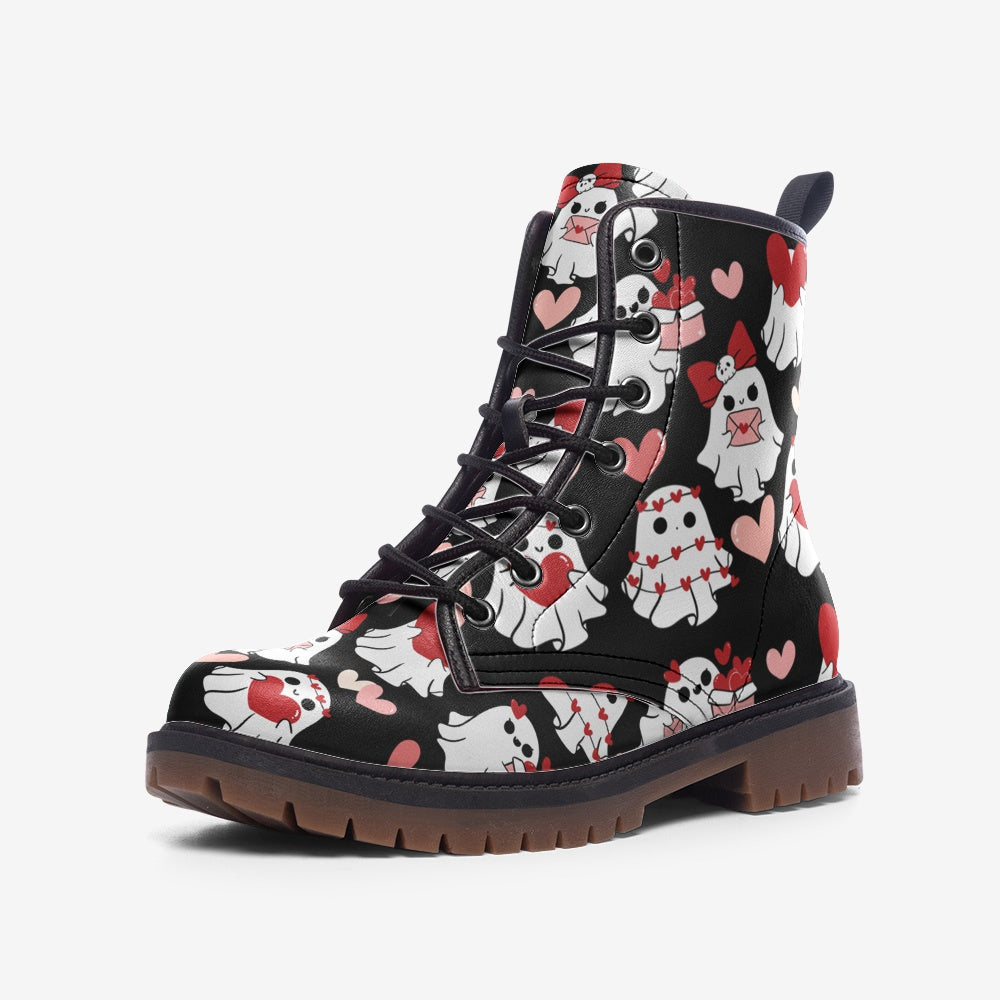 Cute Valentine's Day Ghosts Print on Black Vegan Leather Combat Boots
