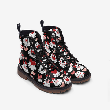 || LIMITED EDITION || Cute Valentine's Day Ghosts Print on Black Vegan Leather Combat Boots