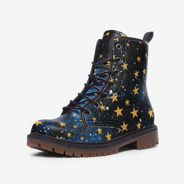 Yellow Stars on Blue Galaxy Print Vegan Leather Combat Boots