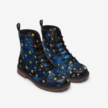 Yellow Stars on Blue Galaxy Print Vegan Leather Combat Boots