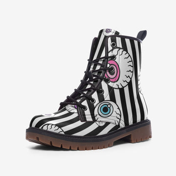 Quirky Eyeballs Patterned Black and White Striped Vegan Leather Combat Boots