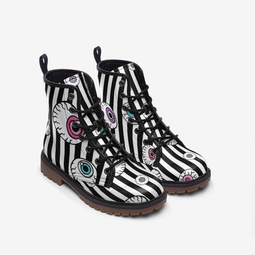 Quirky Eyeballs Patterned Black and White Striped Vegan Leather Combat Boots