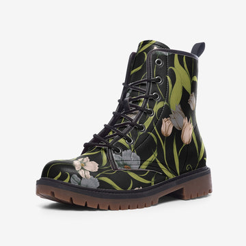 Dark Boho Flowered Print on Black Vegan Leather Boots